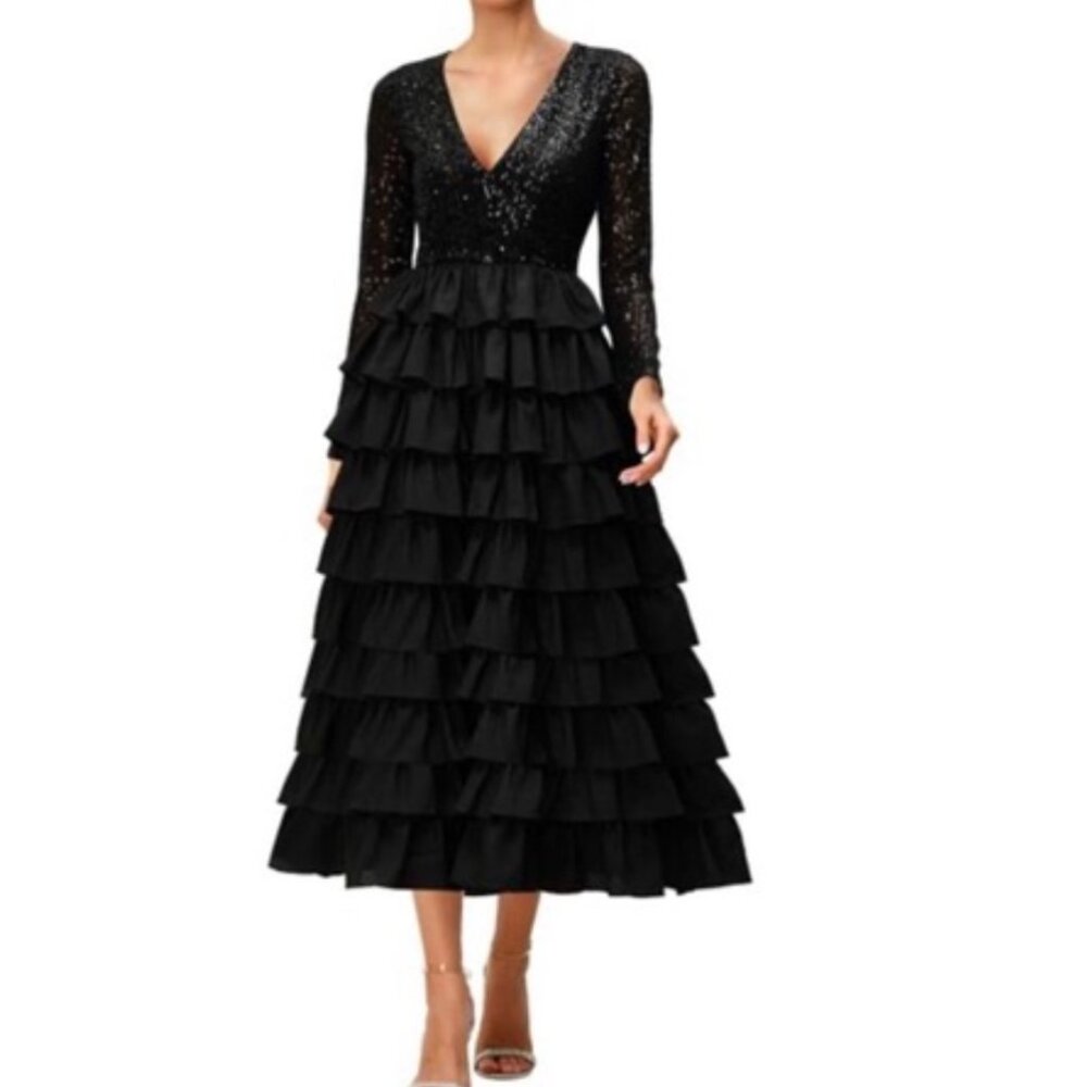 Black V-Neck Sequin Bodice Ruffle Midi Dress